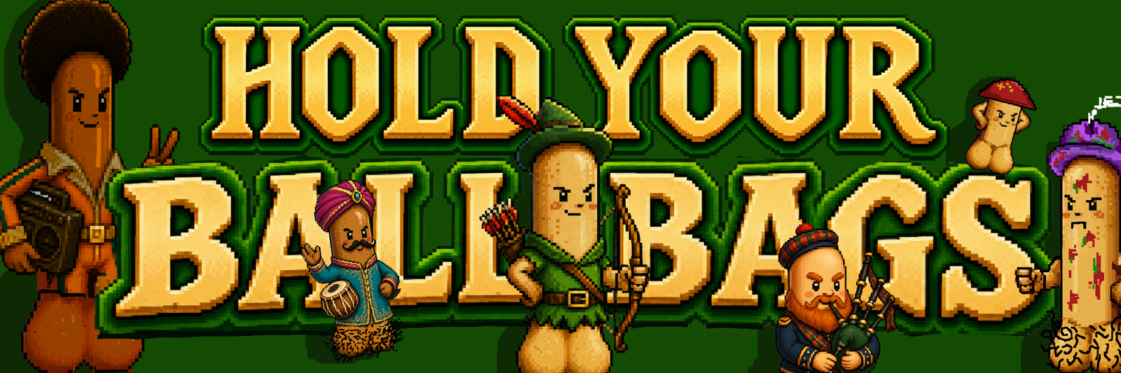 Hold Your Ballbags pixel-art banner featuring Throbinwood NFT characters
